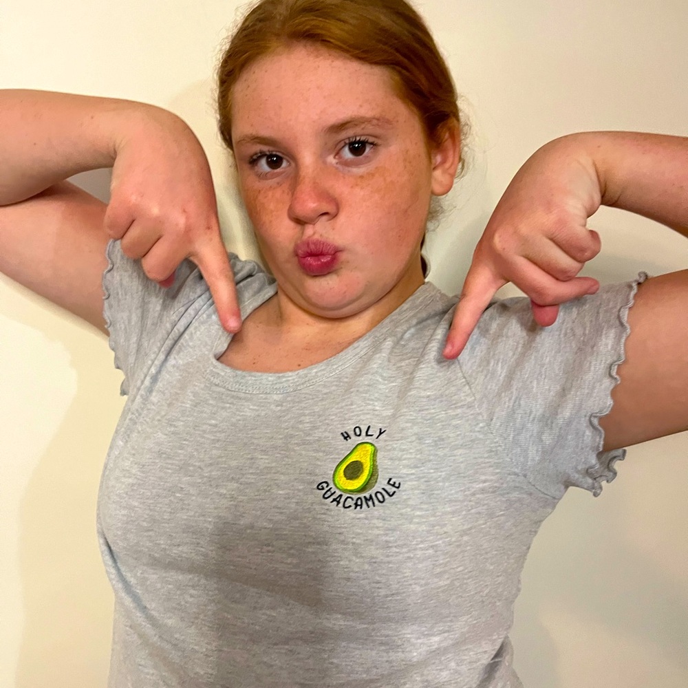 Soft Grey top with Avacado patch ruffle sleeves women size XL